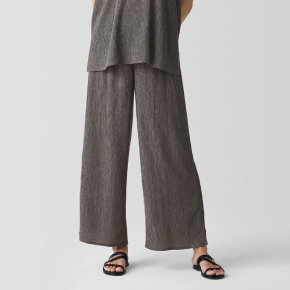 Eileen Fisher Woven Plissé Wide-Leg Pant in Taupe Brown...
